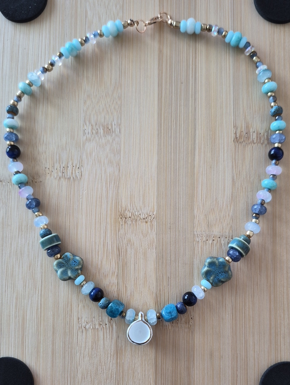 Handmade Turquoise & Blue Beaded Necklace with Silver Charm